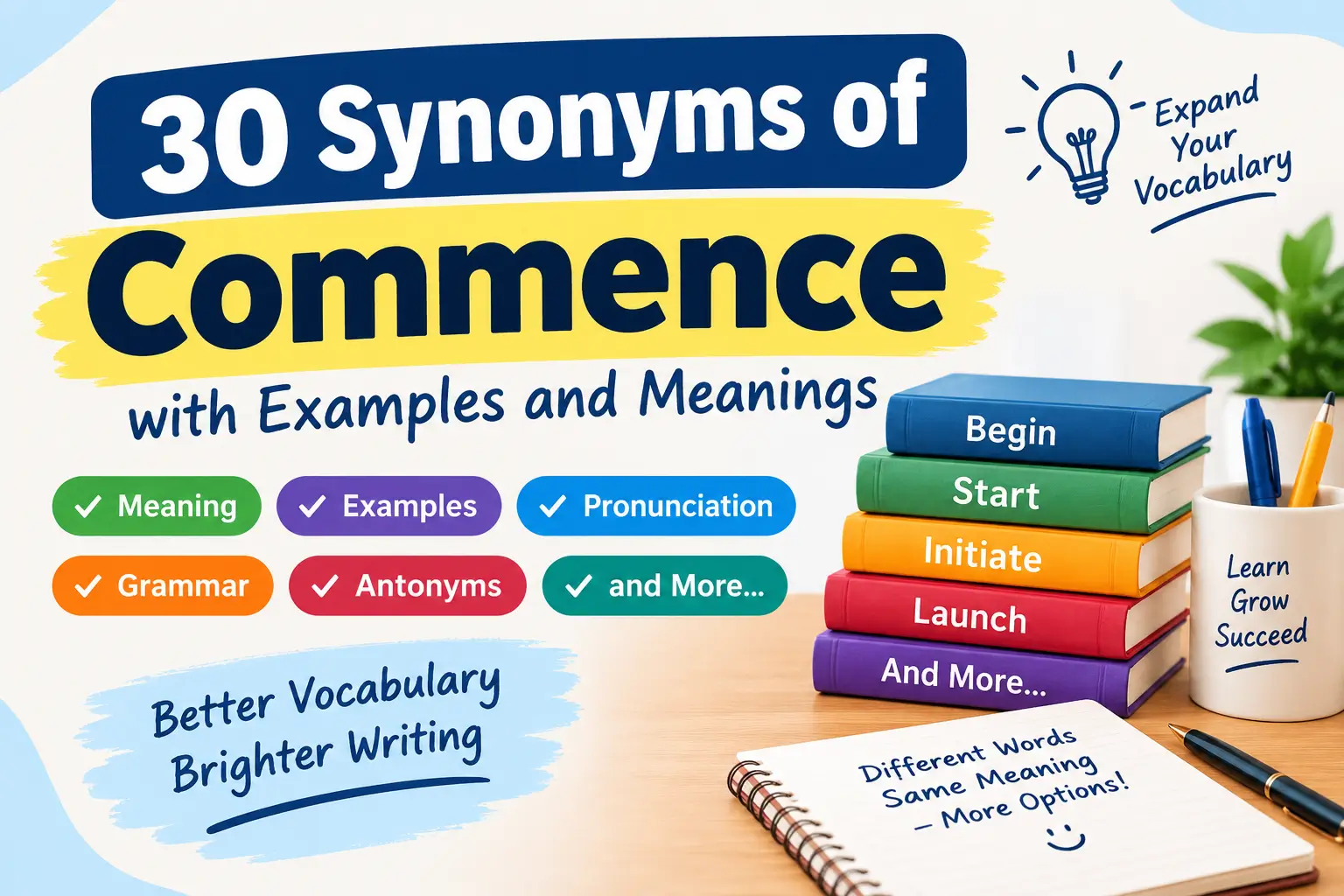 30 synonyms of commence with examples and meanings, including begin, start, initiate, and launch.