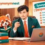 Synonyms of Despondent – a young man in a teal suit teaching vocabulary alongside a red panda mascot, featuring words like disheartened, discouraged, downcast, hopeless, and sad.