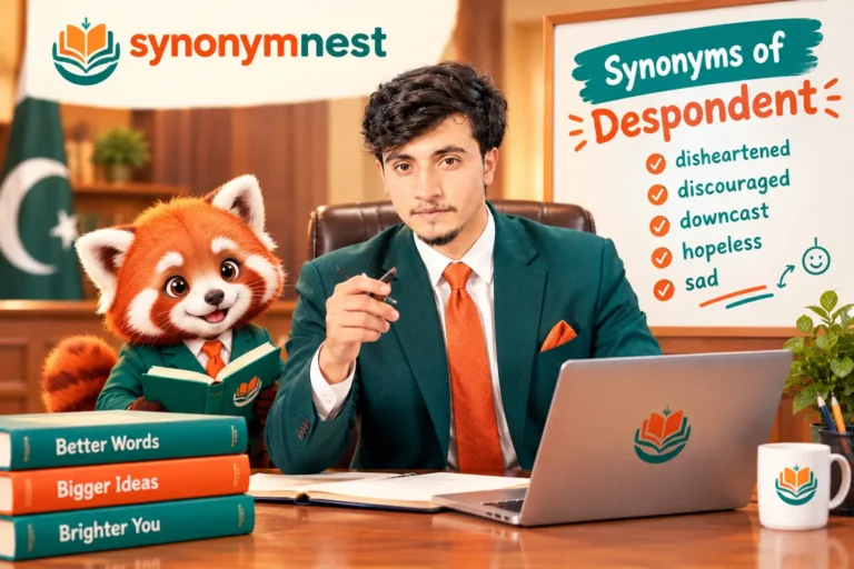 Synonyms of Despondent – a young man in a teal suit teaching vocabulary alongside a red panda mascot, featuring words like disheartened, discouraged, downcast, hopeless, and sad.