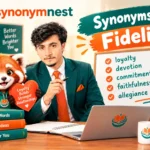 Synonyms of Fidelity featuring the SynonymNest logo, a young teacher in a teal suit, and a red panda mascot illustrating loyalty, devotion, commitment, faithfulness, and allegiance.