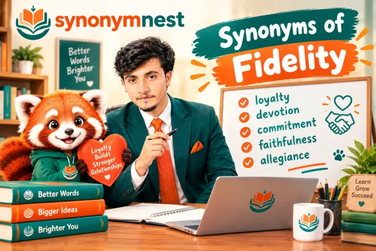 Synonyms of Fidelity featuring the SynonymNest logo, a young teacher in a teal suit, and a red panda mascot illustrating loyalty, devotion, commitment, faithfulness, and allegiance.