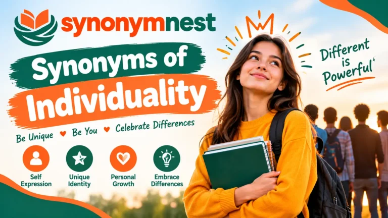 Synonyms of individuality featuring words related to uniqueness, identity, originality, and personal expression.