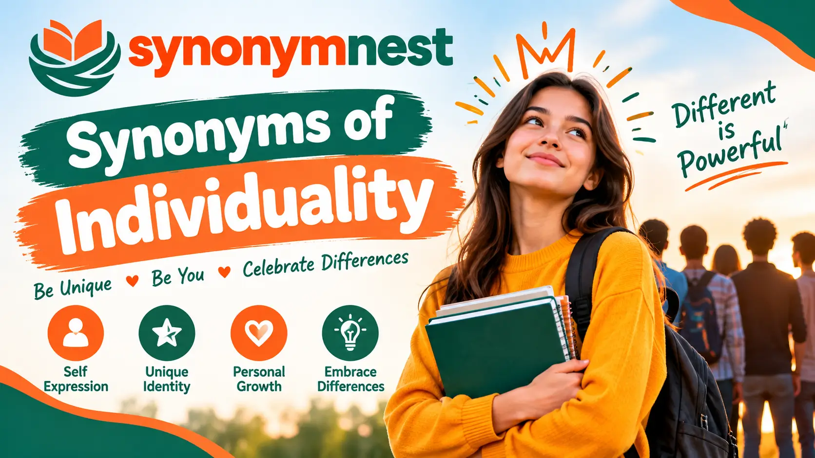 Synonyms of individuality featuring words related to uniqueness, identity, originality, and personal expression.