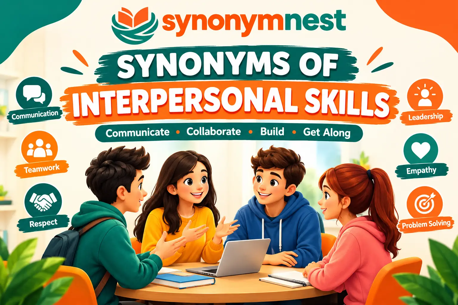 Synonyms of interpersonal skills with examples of communication, teamwork, and relationship-building.
