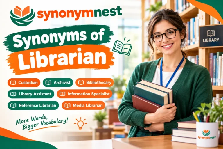 : Synonyms of librarian with books and library-themed illustrations